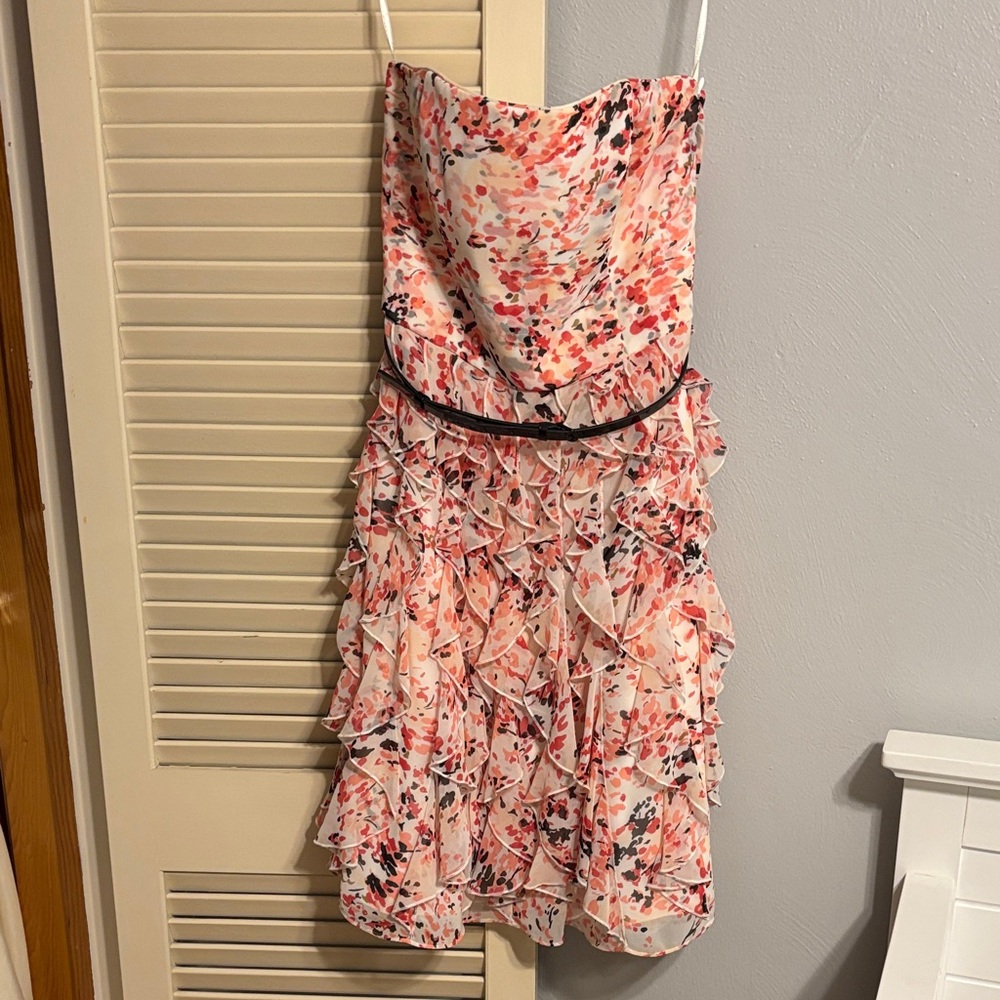 White House Black Market pink floral ruffle strapless dress
